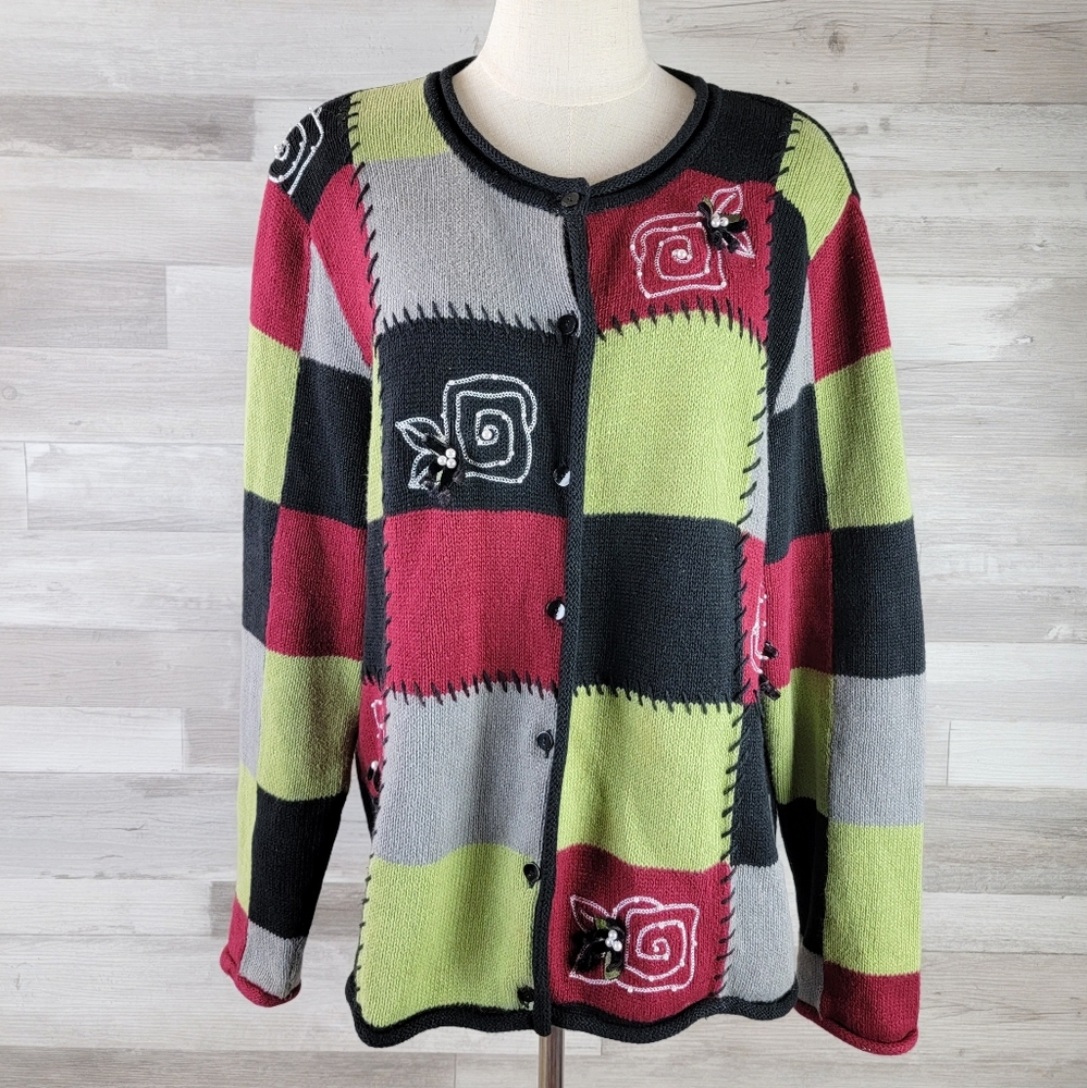 Vintage Breckenridge Color Block Knit Rolled Hem Button Cardigan Sweater Large